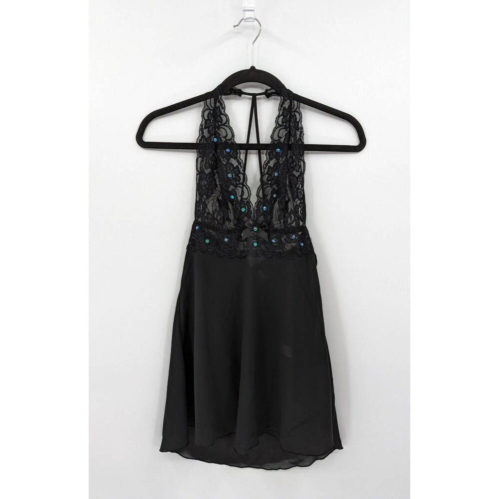 Frederick's of Hollywood Sleepwear Women's S Black Babydoll Chemise Teddy Sequin